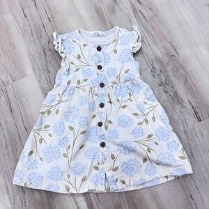 Hydrangea ruffle Sleeve blue cream button front 100% cotton dress Sz 2Y